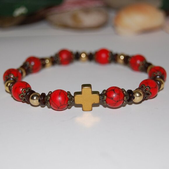 Cross Bracelet,Rosary Bracelet,Red Howlite Bracelet,Cross Rosary Bracelet,Red - Picture 1 of 5